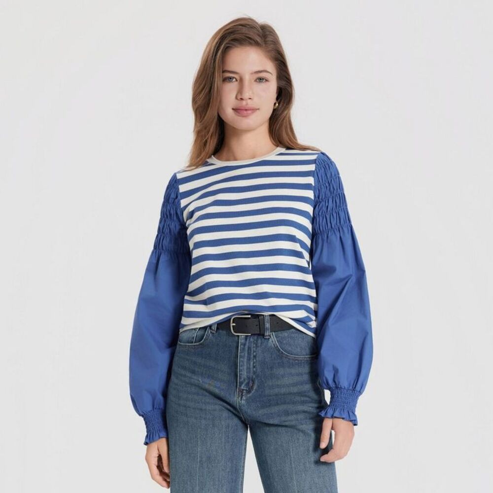 Women's Puff Long Sleeve Blouse - Universal Thread Navy Blue/White